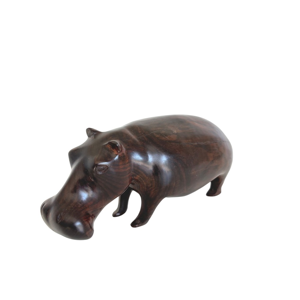 Vintage Hand Carved Dark Wood Hippo Figurine Sculpture 7 Inch